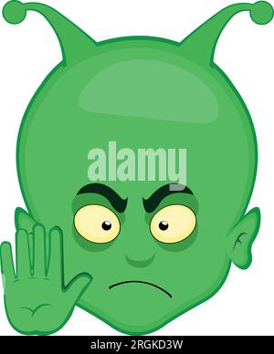 vector green alien et head cartoon hand stop gesture Stock Vector