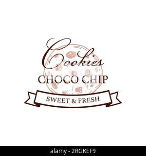 Choco chip cookie logo template. Vector illustration in sketch style. Design for branding and packaging. Bakery product Stock Vector