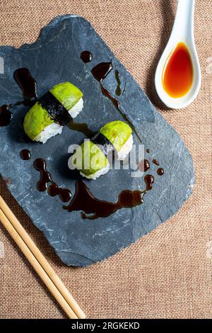 nice plate of vegetable sushi, rich and tasty sushi assortment perfect for eating Stock Photo