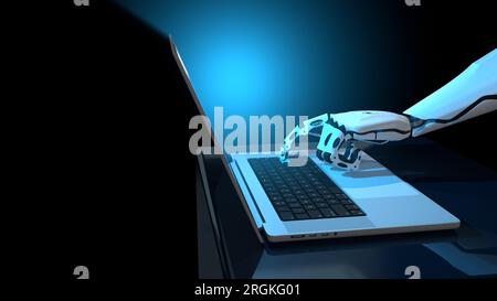 White human shaped robot hand pressing a key of an aluminum laptop with blue light on reflective blue desk against black background. 3D Illustration Stock Photo