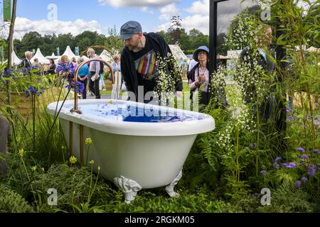 Person looks at water feature bath centrepiece (horticultural competition winner) - RHS Tatton Park Flower Show 2023 showground, Cheshire, England UK. Stock Photo