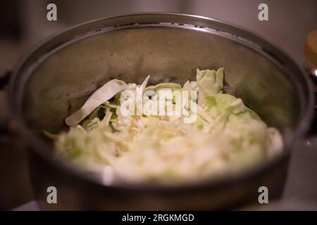 Cabbage in saucepan. Salad in plate. Cooking. Kitchen details. Stock Photo