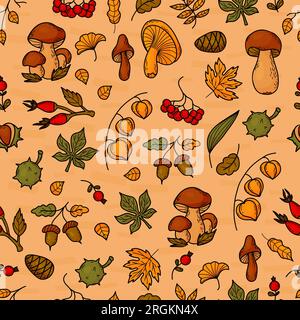 Seamless autumn pattern. Forest mushrooms, berries, cones, acorns and chestnuts with autumn leaves on light yellow background. Vector illustration in Stock Vector