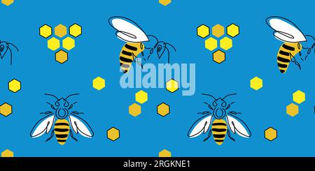Bees and honeycombs seamless pattern, texture, background in yellow and blue colors. Vector pattern for ukrainian honey label design. One continuous Stock Vector