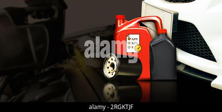 Motor oil change service, oil canister with oil filter on dark background with panoramic banner copy space for text, double exposure, Car maintenance Stock Photo