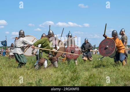 TVERSKAYA REGION, RUSSIA - JULY 23, 2022: A fragment of the reconstruction of the battle of the early Middle Ages. Historical festival 'Epic Coast-202 Stock Photo