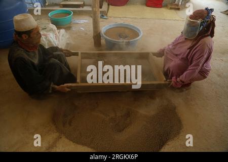 August 10,2023, Srinagar Kashmir, India : Kashmiri Potter cleaning clay to make fresh mud which is used to prepare earthen Tumbaknari (a Kashmiri musi Stock Photo