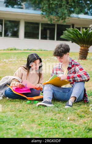 Vertical portrait of a student couple learning the lesson sitting on the lawn at high school university campus. A pair of young teenage friends doing the homeworks of the college class together. High quality photo Stock Photo