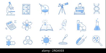 Laboratory doodle icon set. Hand drawn sketch line doodle style scientific education, chemistry laboratory, medicine experiment icon. Microscope, atom, magnet outline element. Vector illustration. Stock Vector