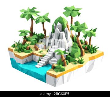 3D isometric low poly portrayal of a tropical island with a river with simplistic, low-polygon trees. Stock Vector