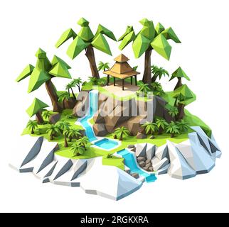 3D isometric low poly portrayal of a tropical island with a river with simplistic, low-polygon trees. Stock Vector