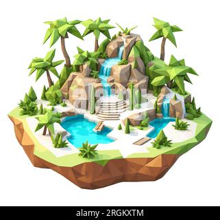3D isometric low poly portrayal of a tropical island with a river with simplistic, low-polygon trees. Stock Vector