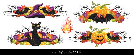 Set of banners with black cat, a bat, a hat, an angry pumpkin and some elements for halloween on the white background. Stock Vector