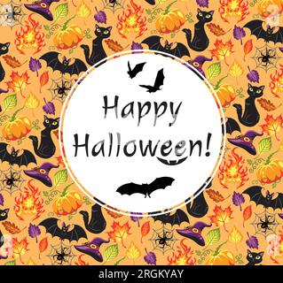 White circle with text and bats on the seamless pattern for Halloween. Stock Vector