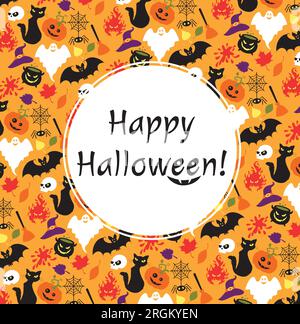 White circle with text on the seamless pattern for Halloween. Stock Vector