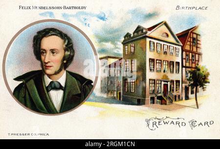 Felix Mendelssohn (1809-1847), German Composer, head and shoulders portrait, Illustrated Color Postcard, Unidentified Artist, T. Presser Company, Philadelphia Stock Photo