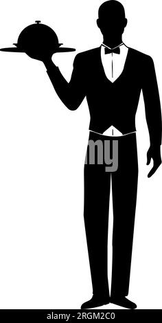 Elegant waiter with a tray of food silhouette. Vector illustration Stock Vector