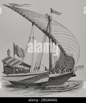 Pontifical galley equipped with large stays, sails, oars and heavy artillery. 19th-century version of an engraving by Frans Huys (ca. 1522-1562) in 1550 after a drawing by Brueghel the Elder (ca. 1525-1569). 'Vie Militaire et Religieuse au Moyen Age et à l'Epoque de la Renaissance'. Paris, 1877. Stock Photo