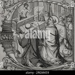 The Miraculous Mass of Saint Gregory the Great (ca. 540-604), representing the real presence of Jesus Christ in the Eucharist. Engraving by Bertrand and Huyot after a 15th century missal miniature. 'Vie Militaire et Religieuse au Moyen Age et à l'Epoque de la Renaissance'. Paris, 1877. Stock Photo