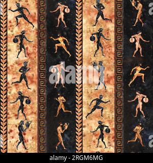 Seamless pattern with ancient Greek athletes. In the style of ancient Greek art of painting vase. Hand drawn watercolor illustration. On a textured ba Stock Photo