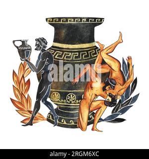 Composition with Ancient Greek Olympic elements and athletes. Amphora, laurel wreath. In the style of ancient Greek art painting. Hand drawn watercolo Stock Photo