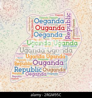 Uganda shape whith country names word cloud in multiple languages. Uganda border map on cool triangles scattered around. Creative vector illustration. Stock Vector