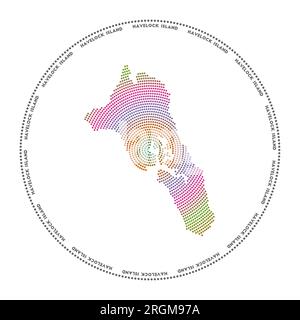 Havelock Island round logo. Digital style shape of Havelock Island in dotted circle with the name. Tech icon with gradiented dots. Stock Vector