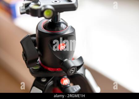 London. UK- 08.04.2023. Close up of a Monfrotto tripod ball head. Stock Photo
