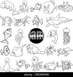 Cartoon illustration of marine animal characters big set coloring page Stock Vector