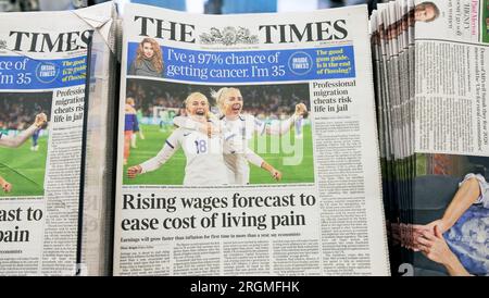'Rising wages forecast to ease cost of living plan ' front page The Tmes newspaper headline & England Nigeria Fifa Women's World Cup 8 Aug 2023 UK Stock Photo