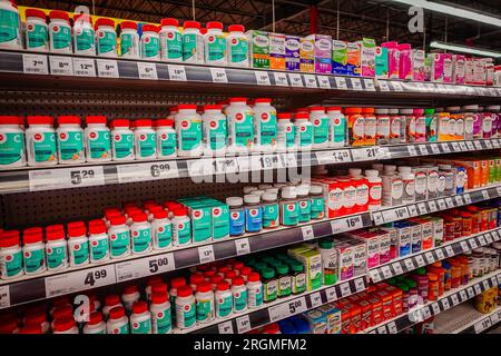 health supplements on a pharmacy shelves Stock Photo