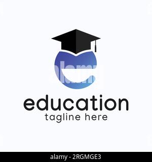 Initial Letter E with Graduation Hat Logo Design Academic Cap Logotype Stock Vector