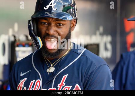 Atlanta Braves outfielders, from left, Eddie Rosario, Michael Harris II and  Ronald Acuna Jr. celebrate following a 12-5 victory against the Los Angeles  Angels at Truist Park on Wednesday, Aug. 2, 2023