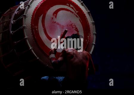 August 9, 2023, Madrid, Madrid, Spain: Artists from the group of musicians 'YAMATO Drummers', are seen on stage during the presentation of their show 'Tenmei' (Destiny in Japanese), at the 39th edition of Veranos de la Villa, at the Conde Duque Cultural Center, in Madrid. 'Yamato Drummers' is a group made up of dozens of musicians who have performed in more than 54 countries since it was created in 1993 in the Nara prefecture (Credit Image: © Hugo OrtuÃ±O/Pacific Press via ZUMA Press Wire) EDITORIAL USAGE ONLY! Not for Commercial USAGE! Stock Photo