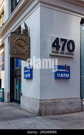 Midtown South: The Wizard of Park Avenue, perched atop The Silk Clock on the side of the Schwarzenbach Buildings, animates to strike the hour. Stock Photo