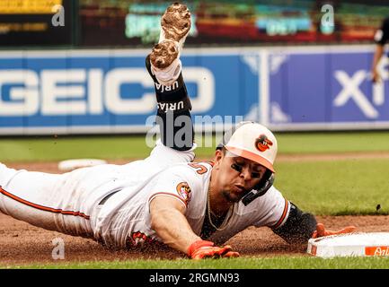 Baltimore, United States. 16th Apr, 2022. Baltimore Orioles shortstop Ramon  Urias (R) is called out on a strike as New York Yankees catcher Kyle  Higashioka (L) gestures during the seventh inning of