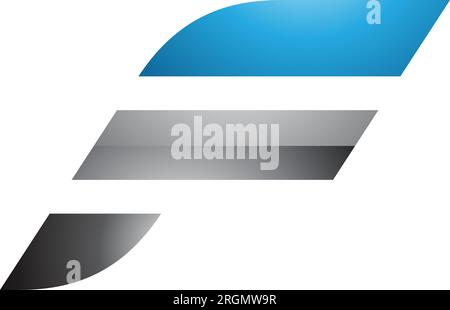 Blue and Grey Glossy Letter F Icon with Horizontal Stripes on a White Background Stock Vector