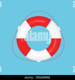 3d red and white lifebuoy top view. Safe a life concept. Vector illustration in trendy flat style isolated on blue background. Stock Vector