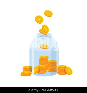 Glass jar filled with gold coins. Money growth, income, savings, investment. Success concept. Vector illustration in trendy flat style isolated. Stock Vector