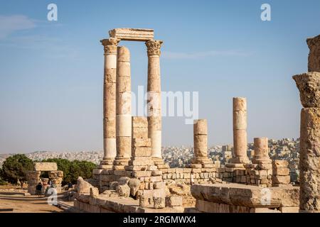 Amman Citadel hill with ruins of Roman Hercules Temple with its cloumns, Jordan against blue sky Stock Photo