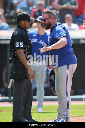 Cleveland, United States. 10th Aug, 2023. Toronto Blue Jays manager John Schneider argues a called strike with home plate umpire Jeremie Rehak (35) during the seventh inning against the Cleveland Guardians at Progressive Field in Cleveland, Ohio on Thursday, August 10, 2023. Photo by Aaron Josefczyk/UPI Credit: UPI/Alamy Live News Stock Photo