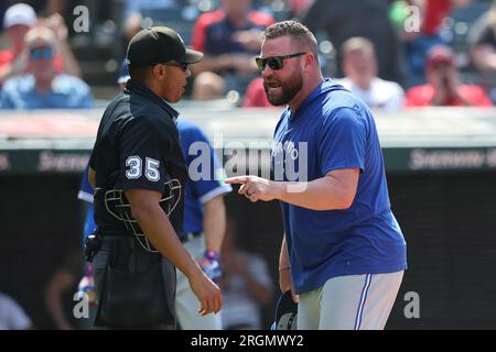 Cleveland, United States. 10th Aug, 2023. Toronto Blue Jays manager John Schneider argues a called strike with home plate umpire Jeremie Rehak (35) during the seventh inning against the Cleveland Guardians at Progressive Field in Cleveland, Ohio on Thursday, August 10, 2023. Photo by Aaron Josefczyk/UPI Credit: UPI/Alamy Live News Stock Photo