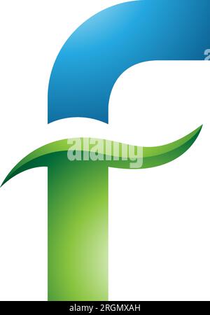 Blue and Green Glossy Letter F Icon with Spiky Waves on a White Background Stock Vector