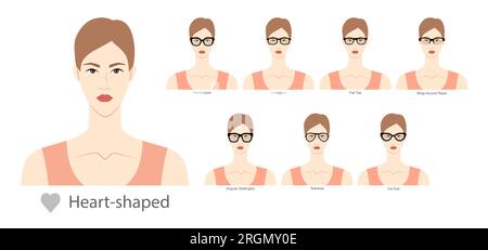 Set of types of glasses for Women heart type faces fashion accessory illustration. Sunglass front view unisex silhouette style, flat rim spectacles eyeglasses, lens sketch style outline isolated Stock Vector