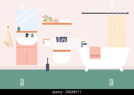 modern bathroom interior; bathtub with curtain, sink with cabinet, mirror, shelves, towel hanger, houseplant, candle, toilet - vector illustration Stock Vector