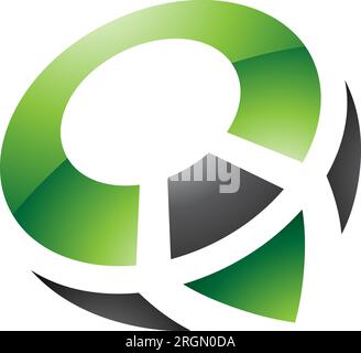 Green and Black Glossy Compass Shaped Letter Q Icon on a White Background Stock Vector