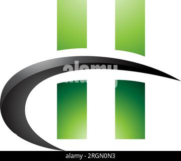 Green and Black Glossy Letter H Icon with Vertical Rectangles and a Swoosh on a White Background Stock Vector