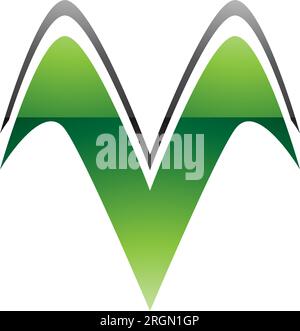 Green and Black Glossy Wing Shaped Letter V Icon on a White Background Stock Vector