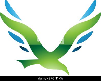 Green and Blue Glossy Bird Shaped Letter V Icon on a White Background Stock Vector