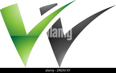 Green and Black Glossy Tick Shaped Letter W Icon on a White Background Stock Vector